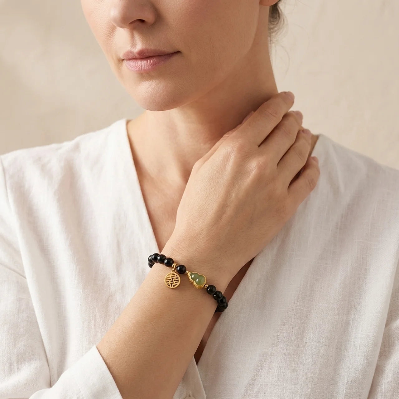 Obsidian Jade Gourd Double Happiness Bracelet