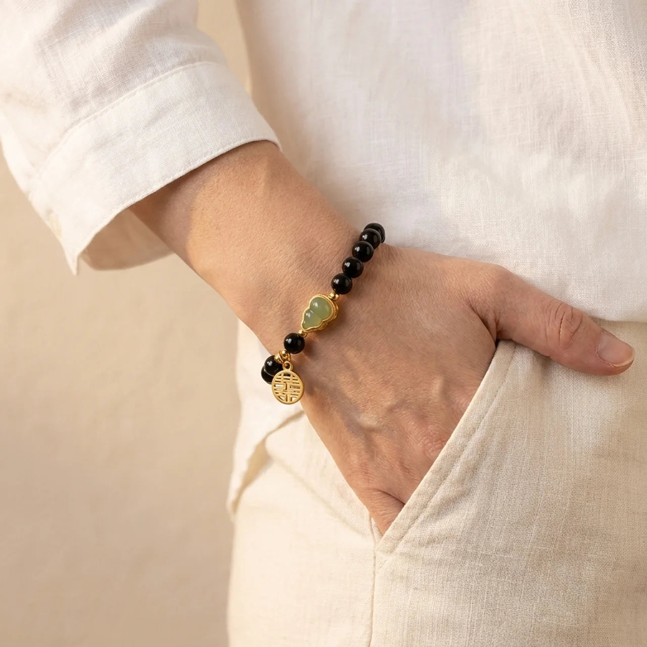 Obsidian Jade Gourd Double Happiness Bracelet