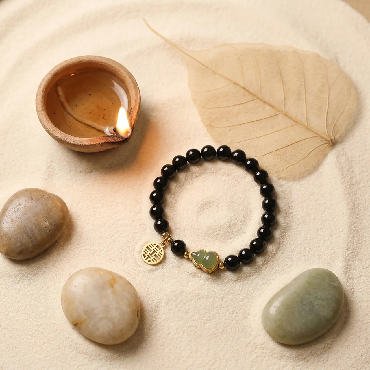 Obsidian Jade Gourd Double Happiness Bracelet