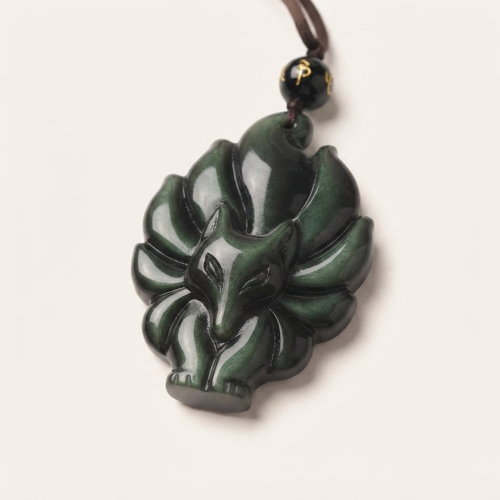 Obsidian Nine Tailed Fox Pendant Necklace