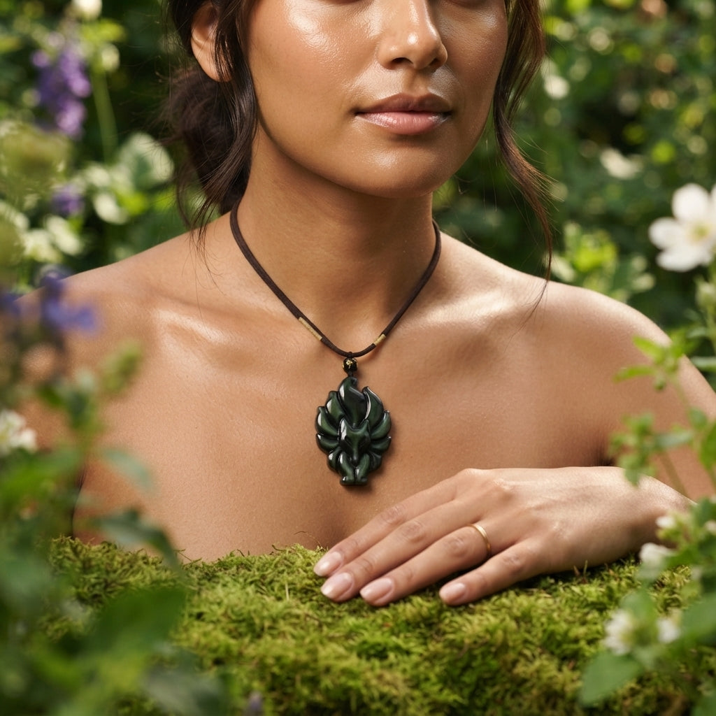 Obsidian Nine Tailed Fox Pendant Necklace