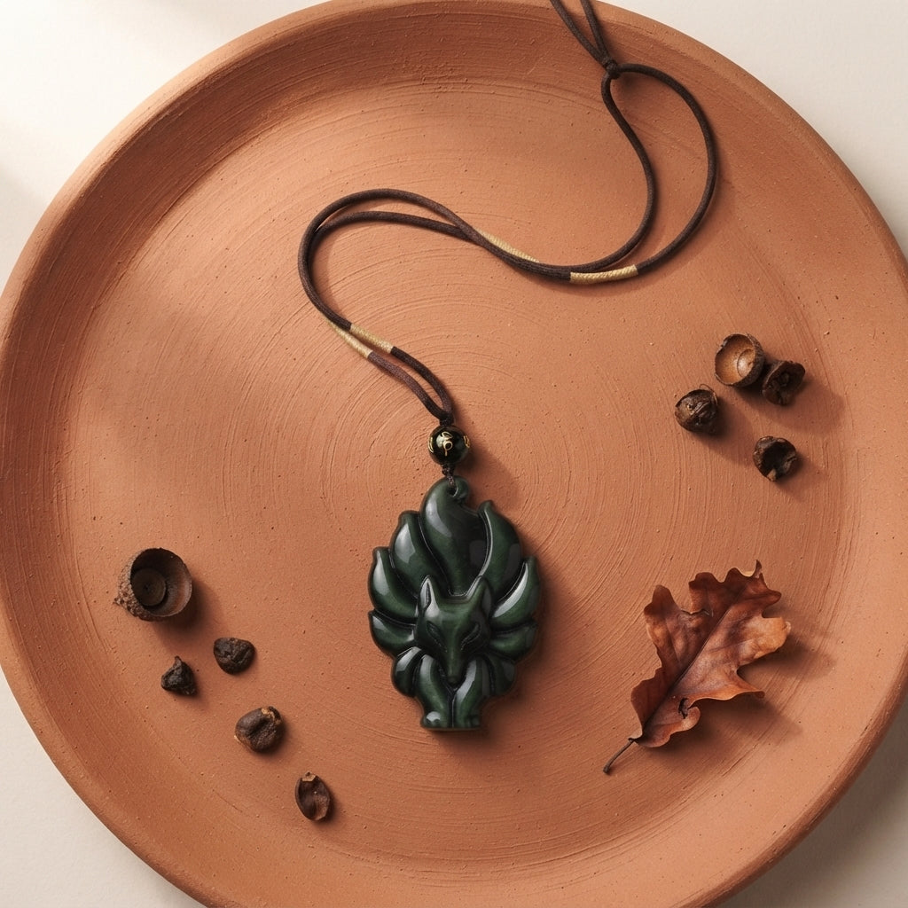 Obsidian Nine Tailed Fox Pendant Necklace