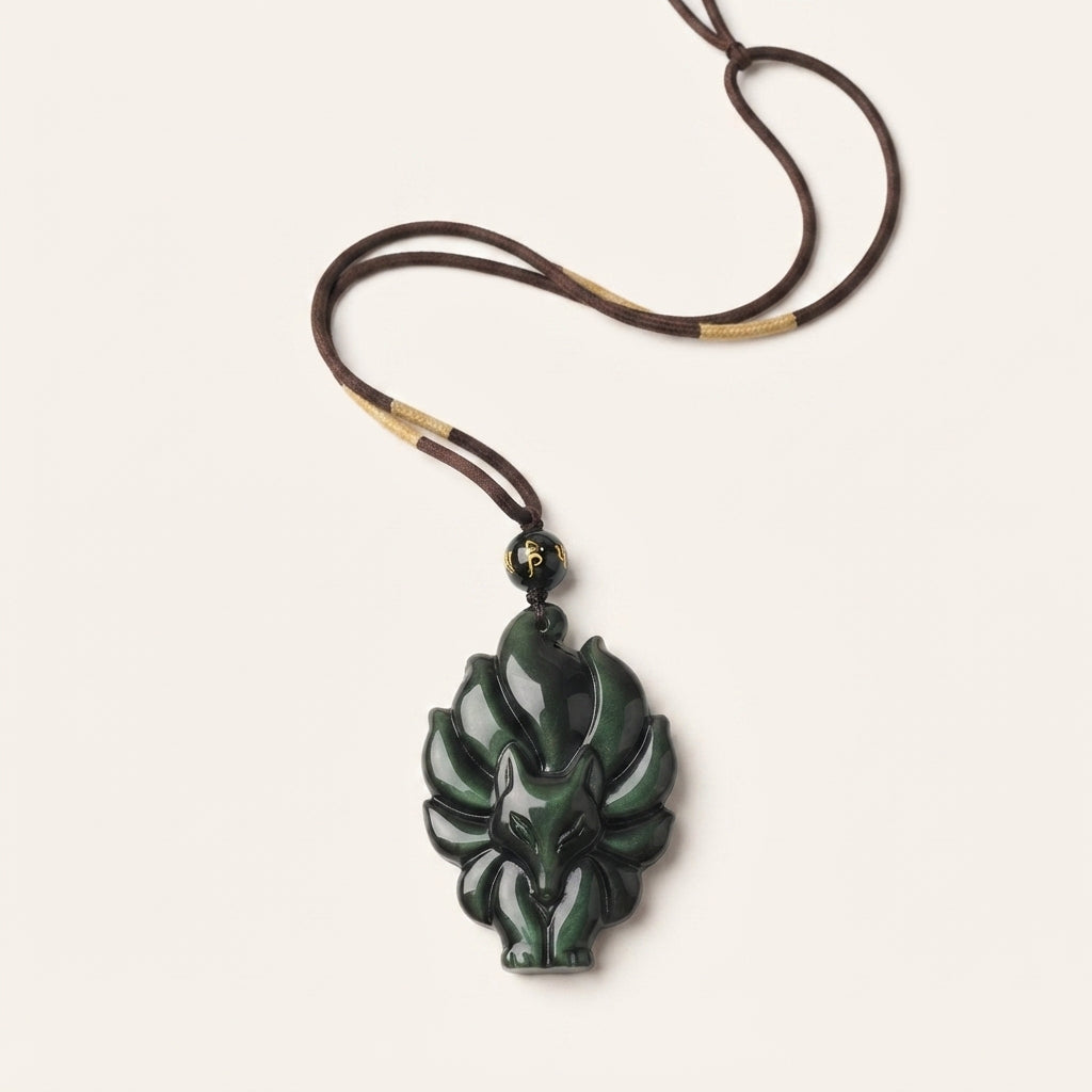 Obsidian Nine Tailed Fox Pendant Necklace