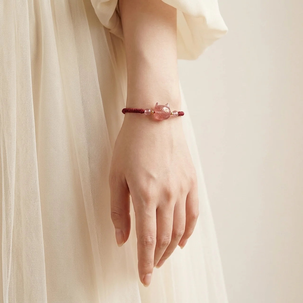 Obsidian Strawberry Quartz Cat Bracelet