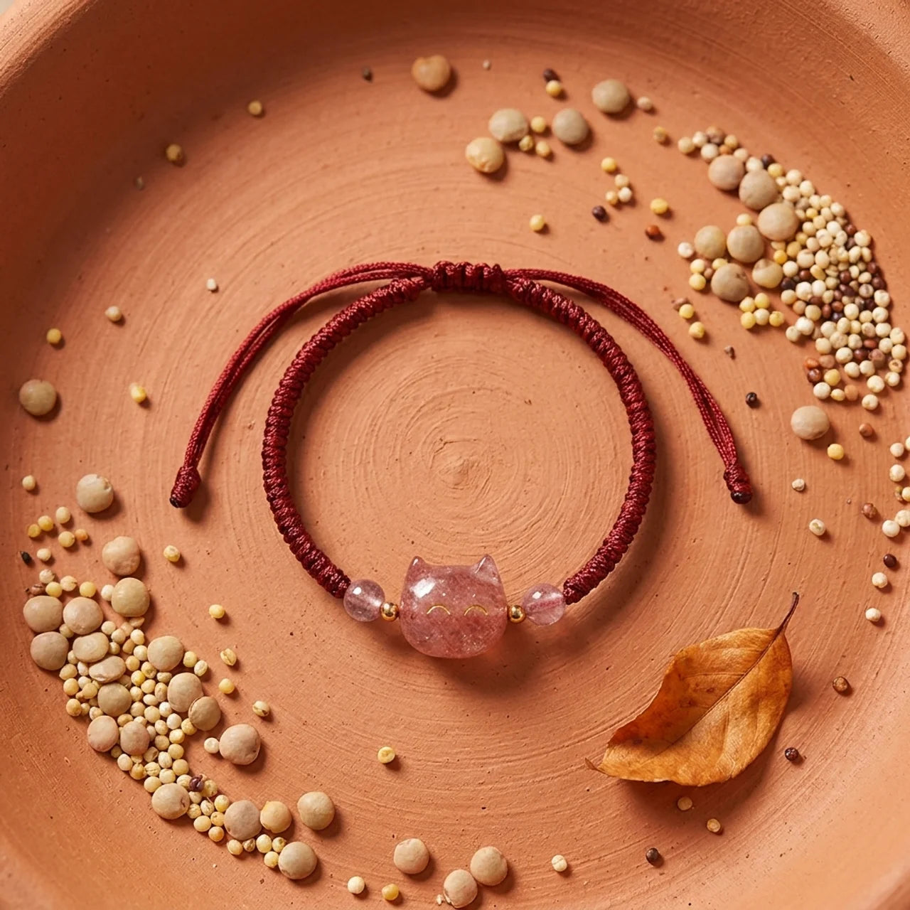 Obsidian Strawberry Quartz Cat Bracelet