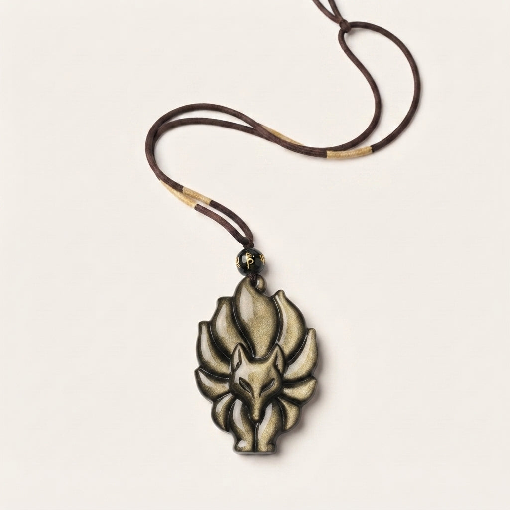 Obsidian Nine Tailed Fox Pendant Necklace