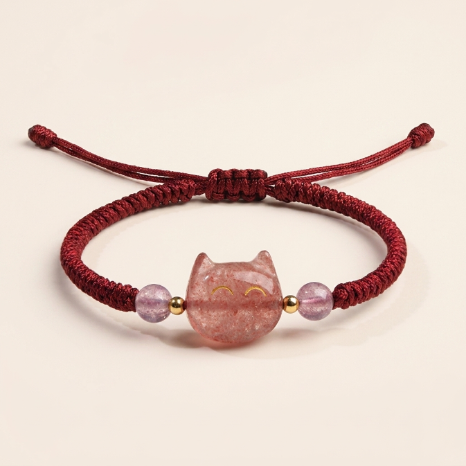 Obsidian Strawberry Quartz Cat Bracelet