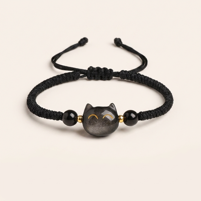 Obsidian Strawberry Quartz Cat Bracelet