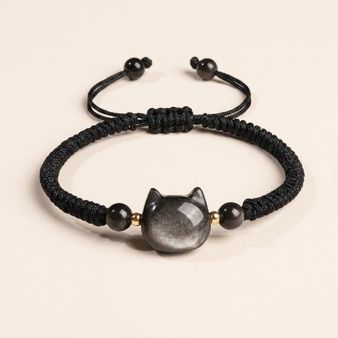 Obsidian Strawberry Quartz Cat Bracelet