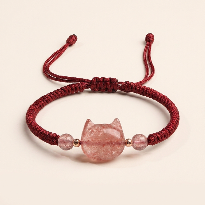 Obsidian Strawberry Quartz Cat Bracelet