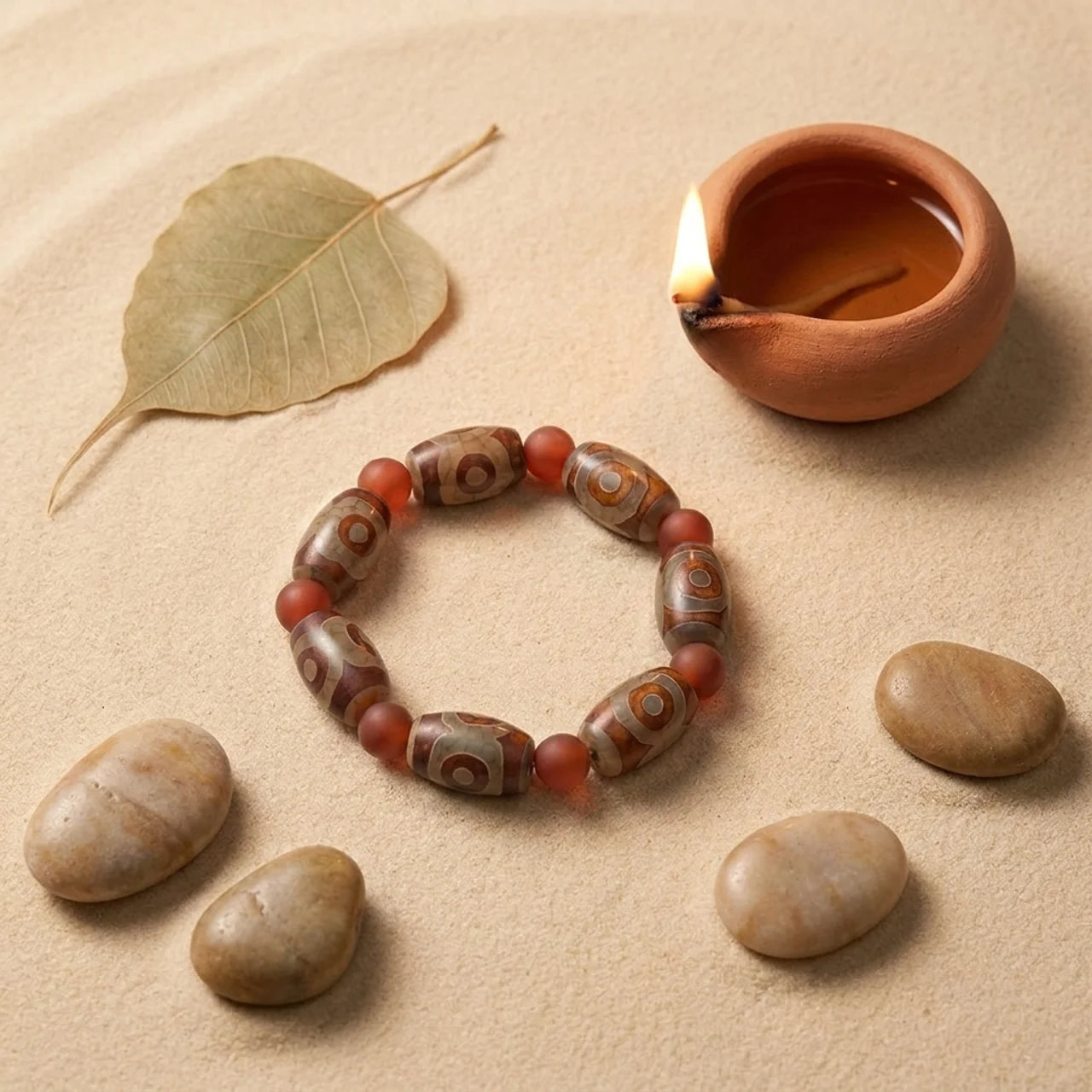 Olive Cut Three Eye Dzi Agate Bracelet