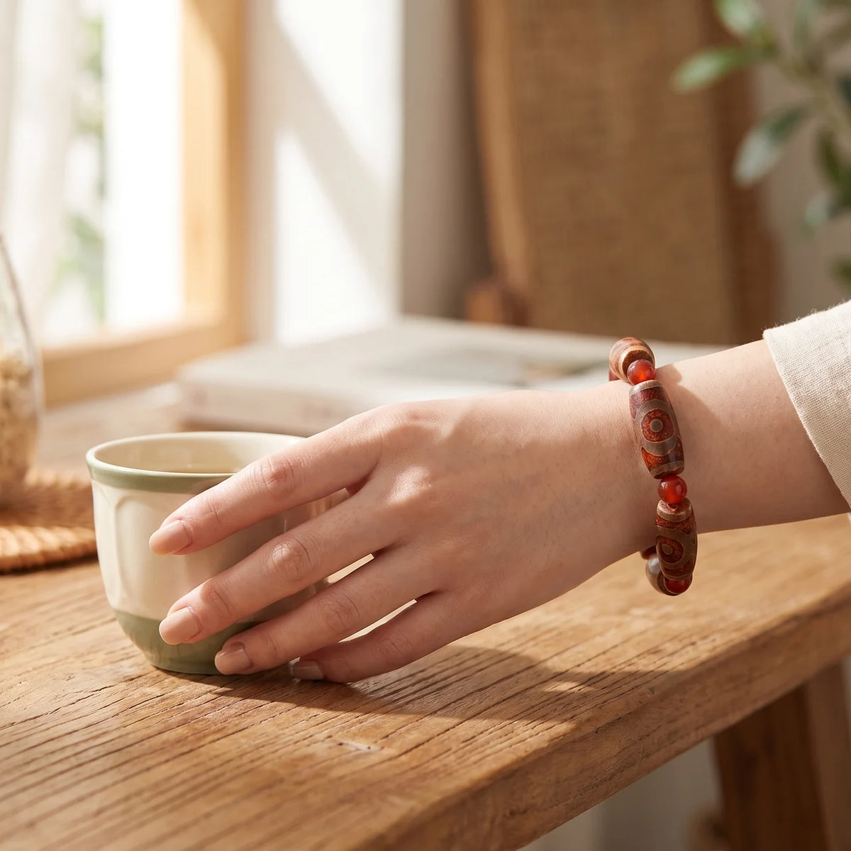 Olive Cut Three Eye Dzi Agate Bracelet