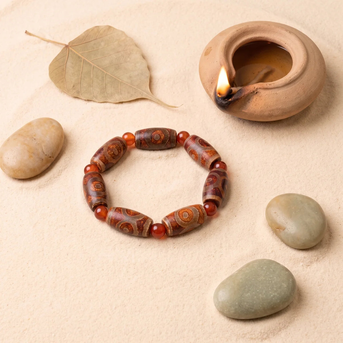 Olive Cut Three Eye Dzi Agate Bracelet