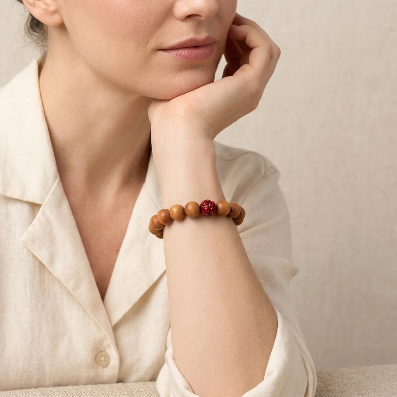 Peach Wood Cinnabar Lotus Bracelet