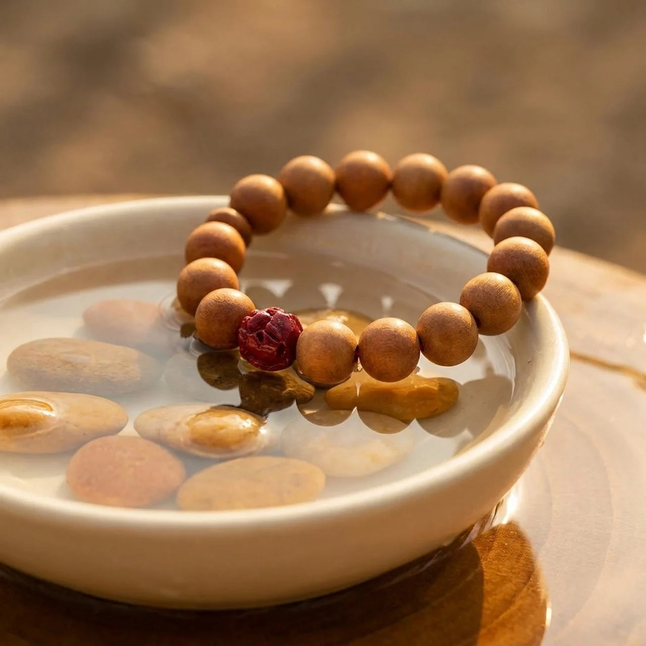 Peach Wood Cinnabar Lotus Bracelet