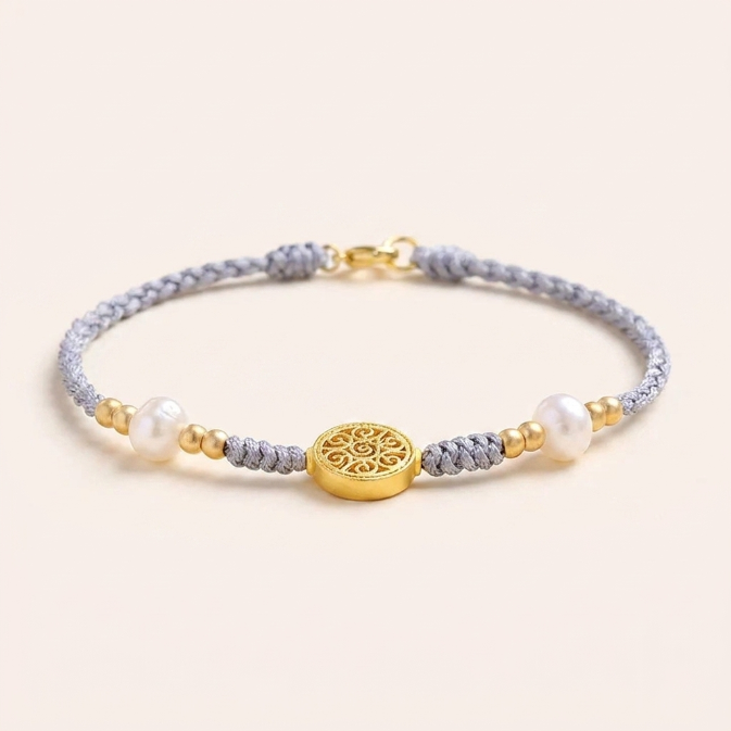 Pearl Copper Coin Fortune Tree Blue Rope Bracelet