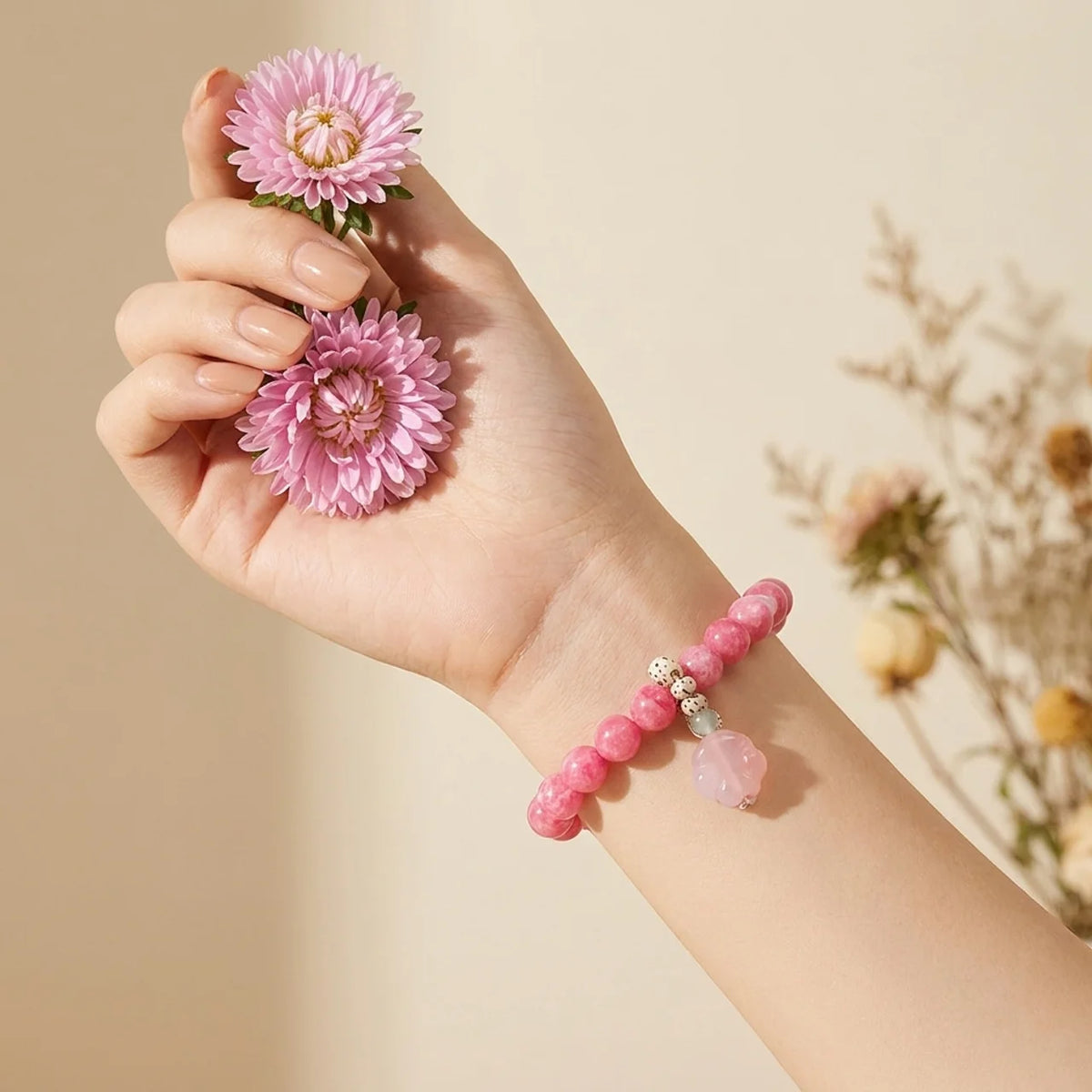 Pink Chalcedony Cat Paw Agate Beaded Bracelet