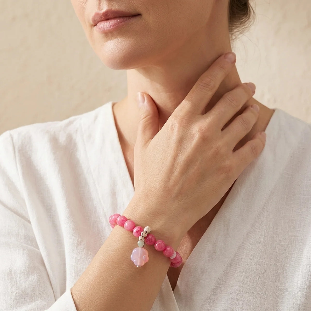 Pink Chalcedony Cat Paw Agate Beaded Bracelet