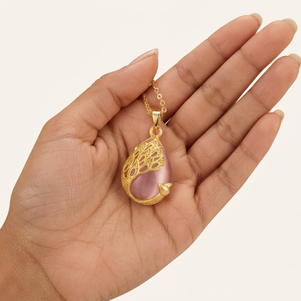 Pink Crystal & Chalcedony Peacock Necklace