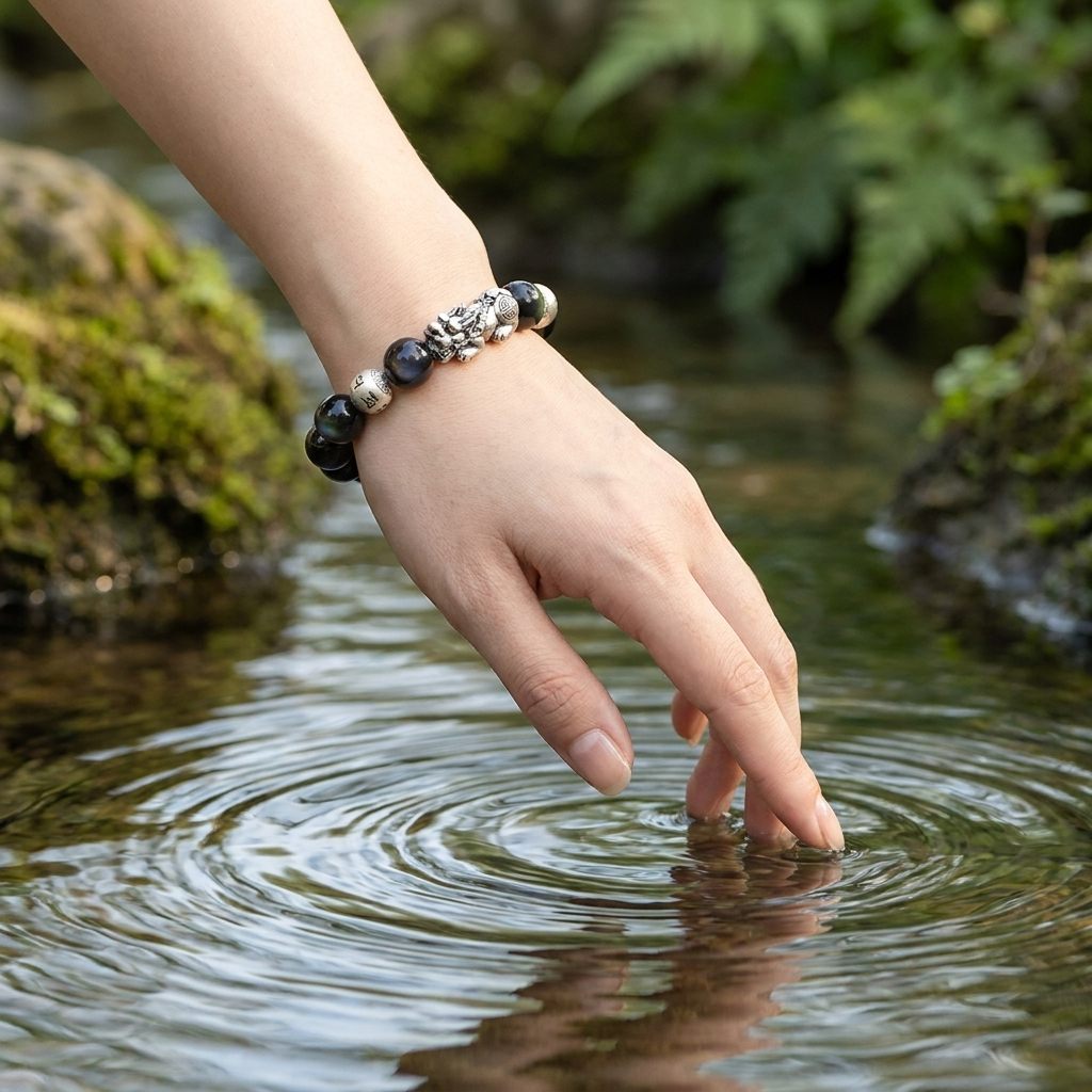Schwarzer Obsidian Pixiu Armband für Herren