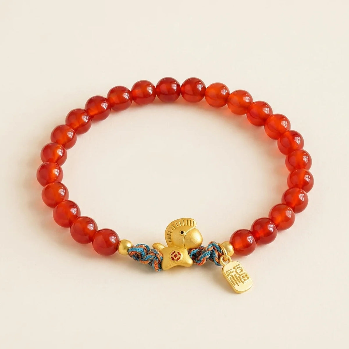 Red Agate Horse Charm Beaded Bracelet