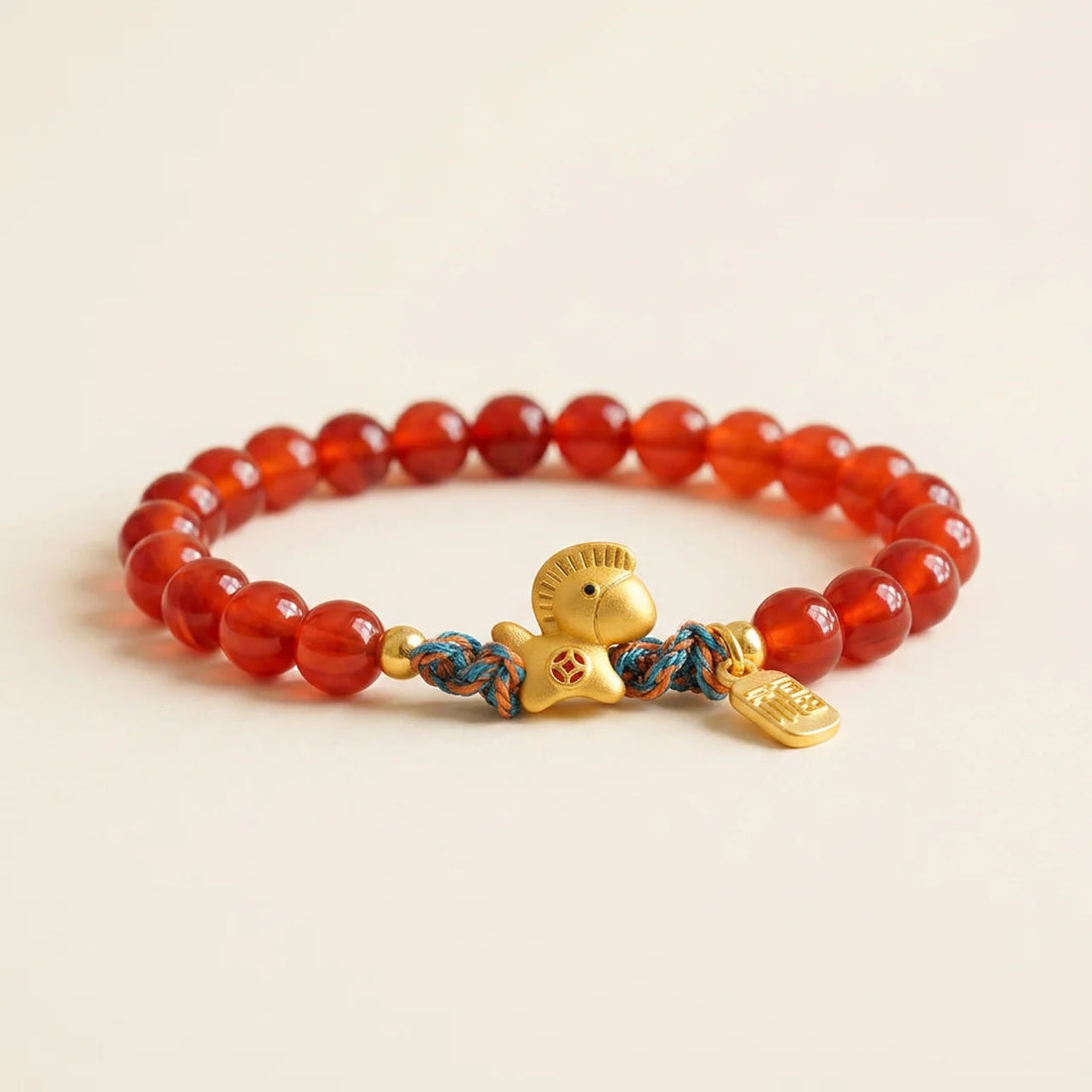 Red Agate Horse Charm Beaded Bracelet