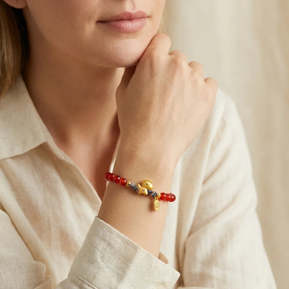 Red Agate Horse Charm Beaded Bracelet