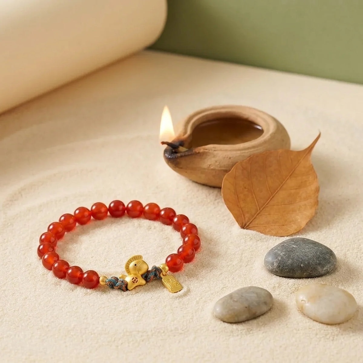 Red Agate Horse Charm Beaded Bracelet