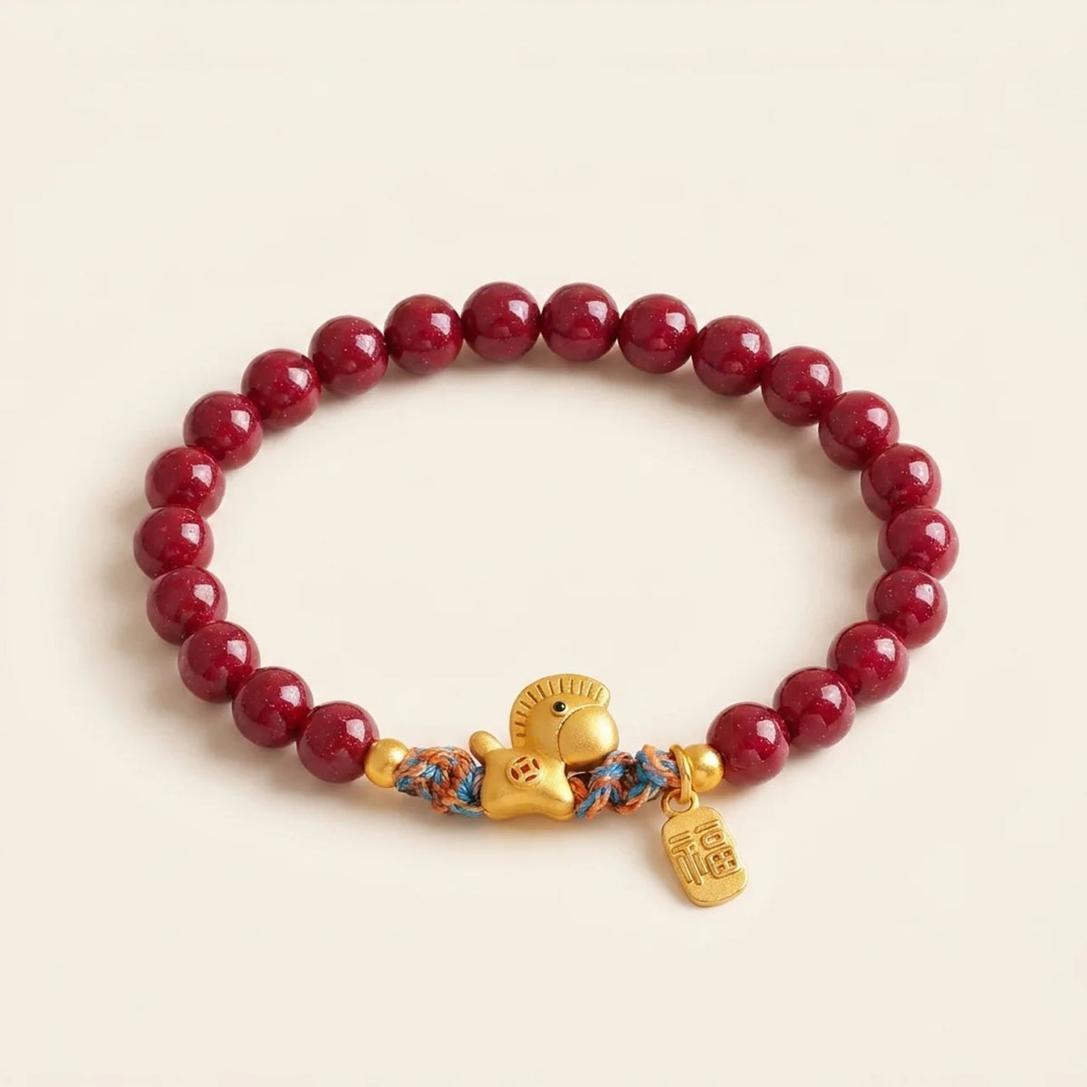 Red Agate Horse Charm Beaded Bracelet
