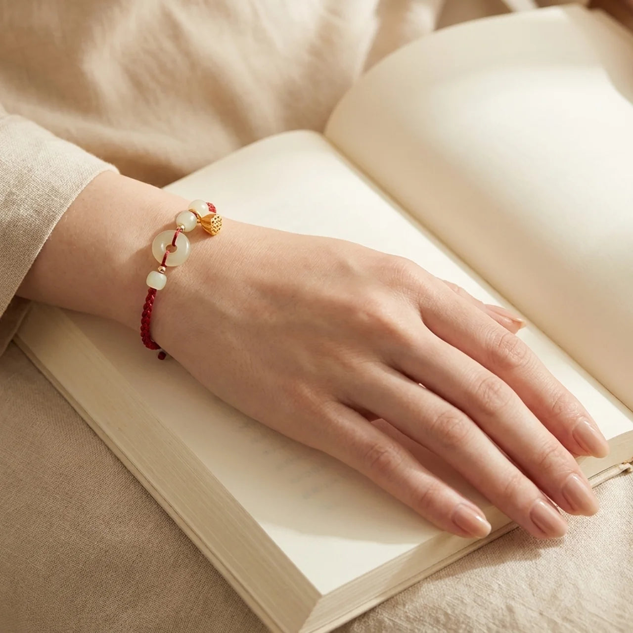Lotus Green Jade Red String Bracelet