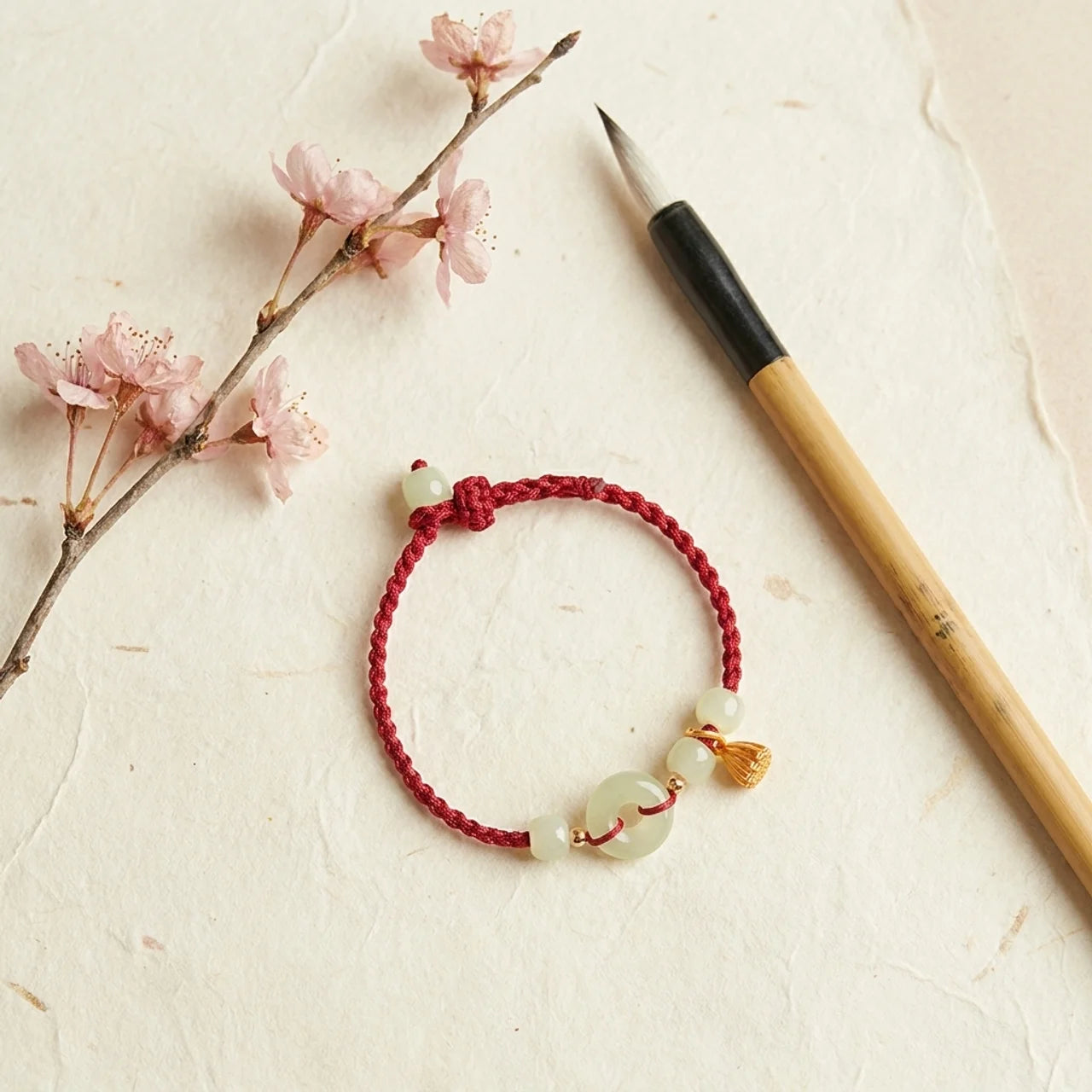 Lotus Green Jade Red String Bracelet