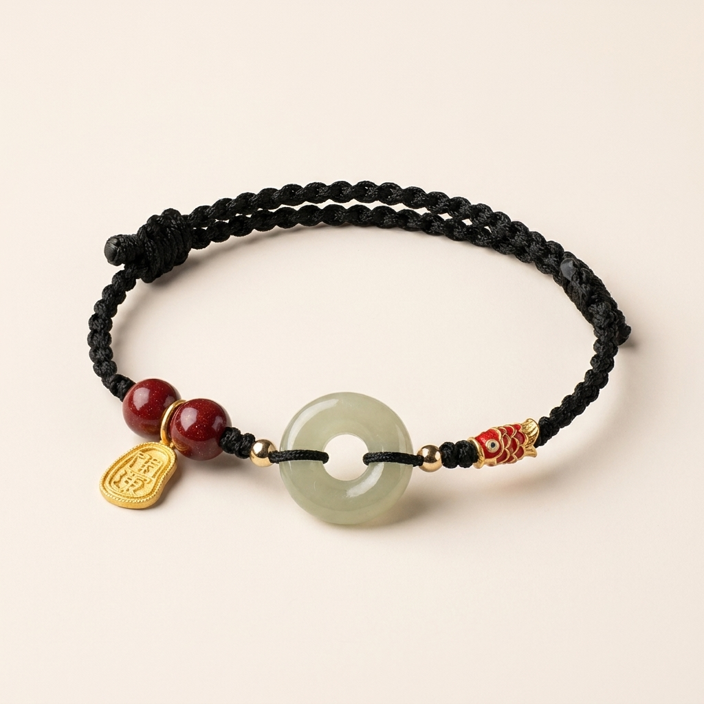 Bracelet en cordon rouge avec jade, carpe koï et pendentif de paix