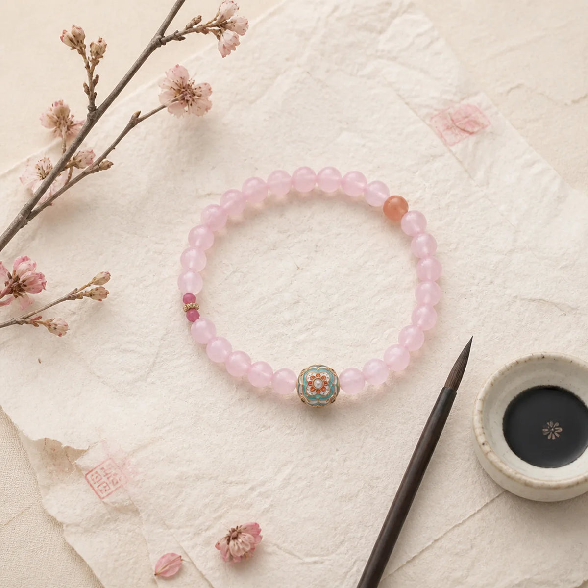 Rose Quartz Cloisonné Flower Crystal Bracelet