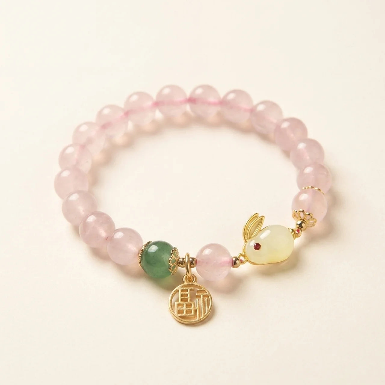 Rose Quartz Green Agate Bunny Bracelet