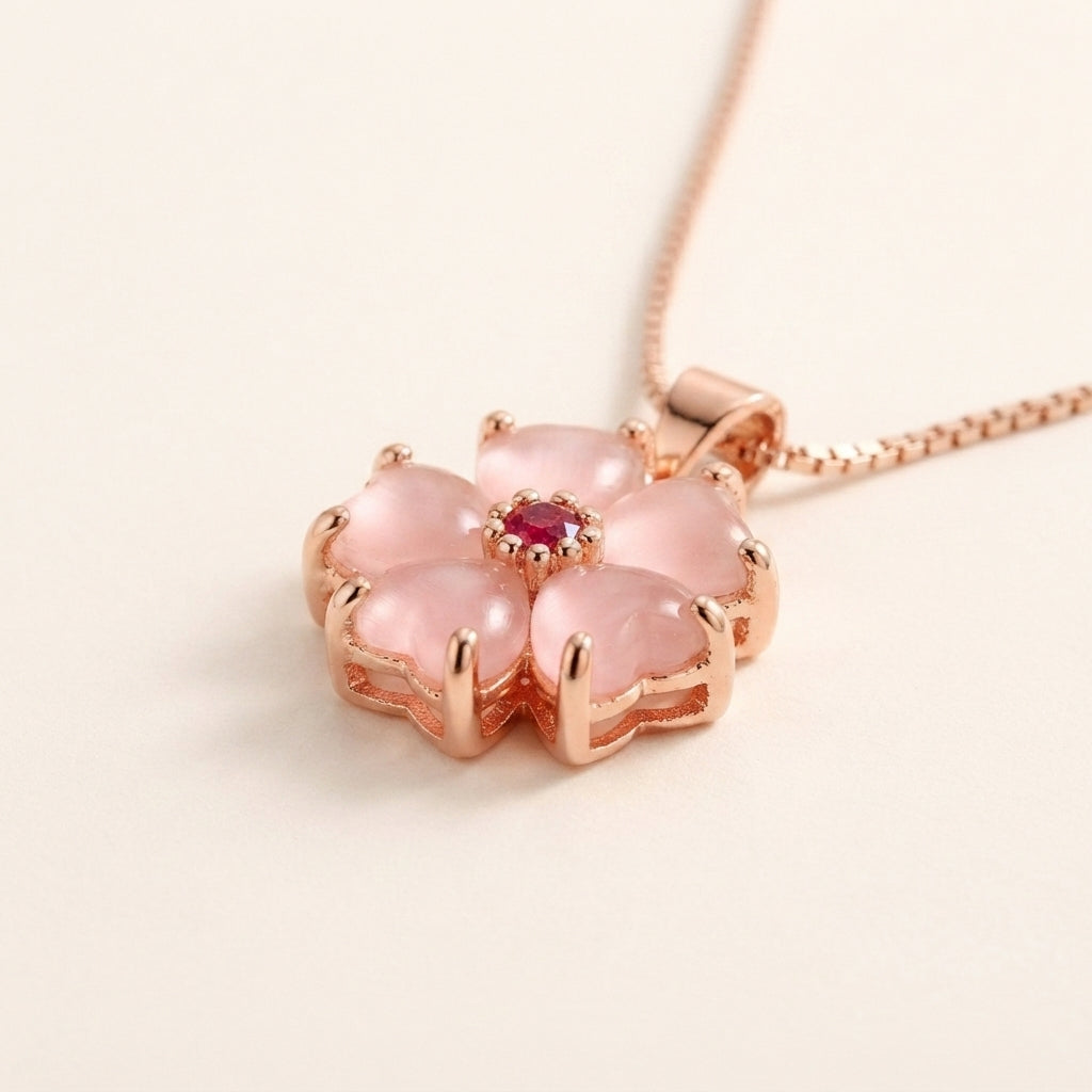 Rose Quartz Heart Flower Pendant Necklace