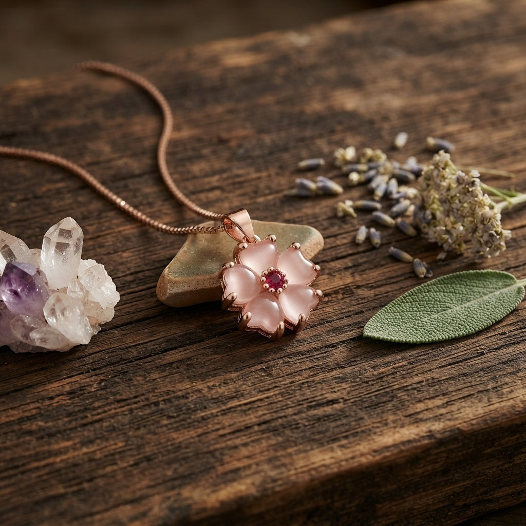 Rose Quartz Heart Flower Pendant Necklace