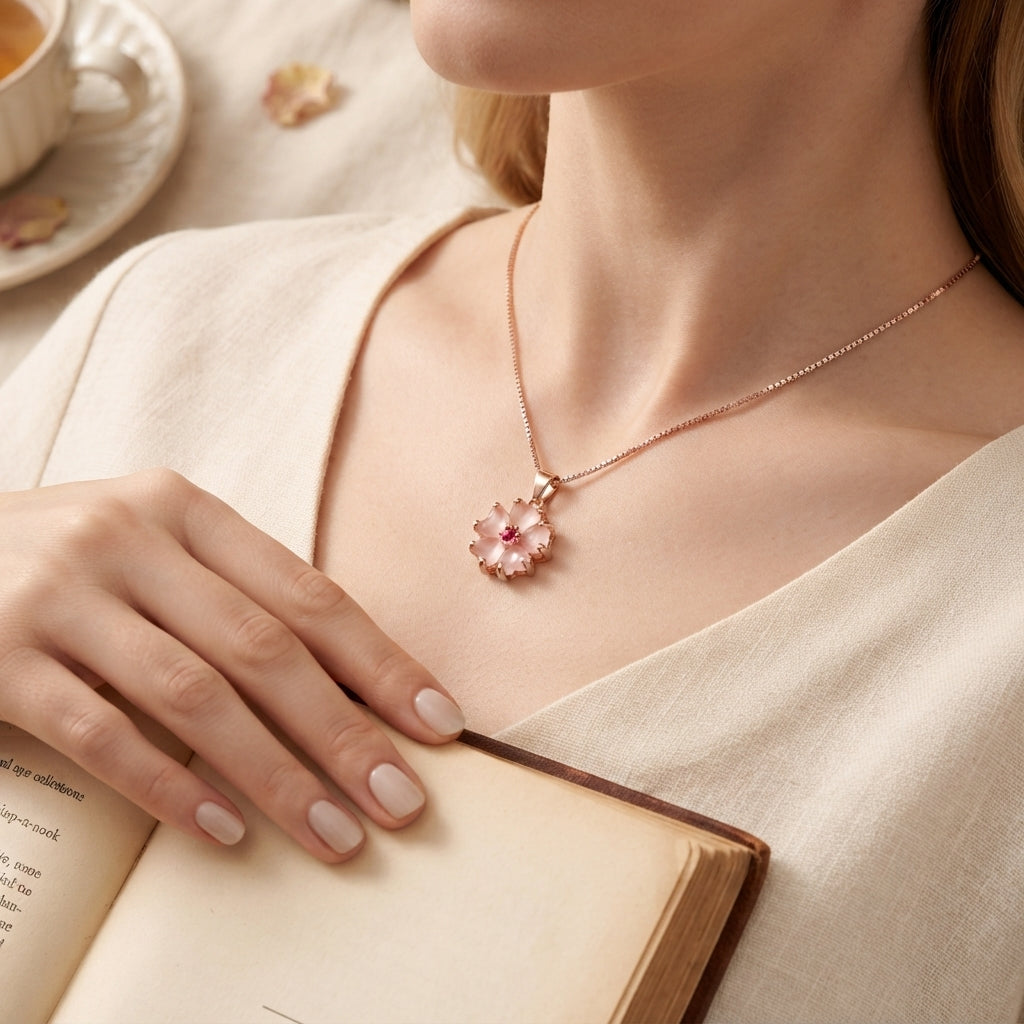 Rose Quartz Heart Flower Pendant Necklace