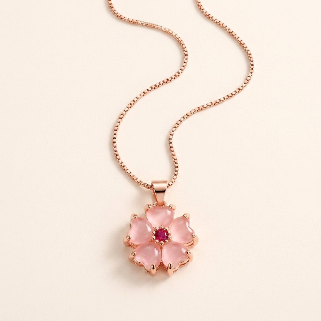 Rose Quartz Heart Flower Pendant Necklace
