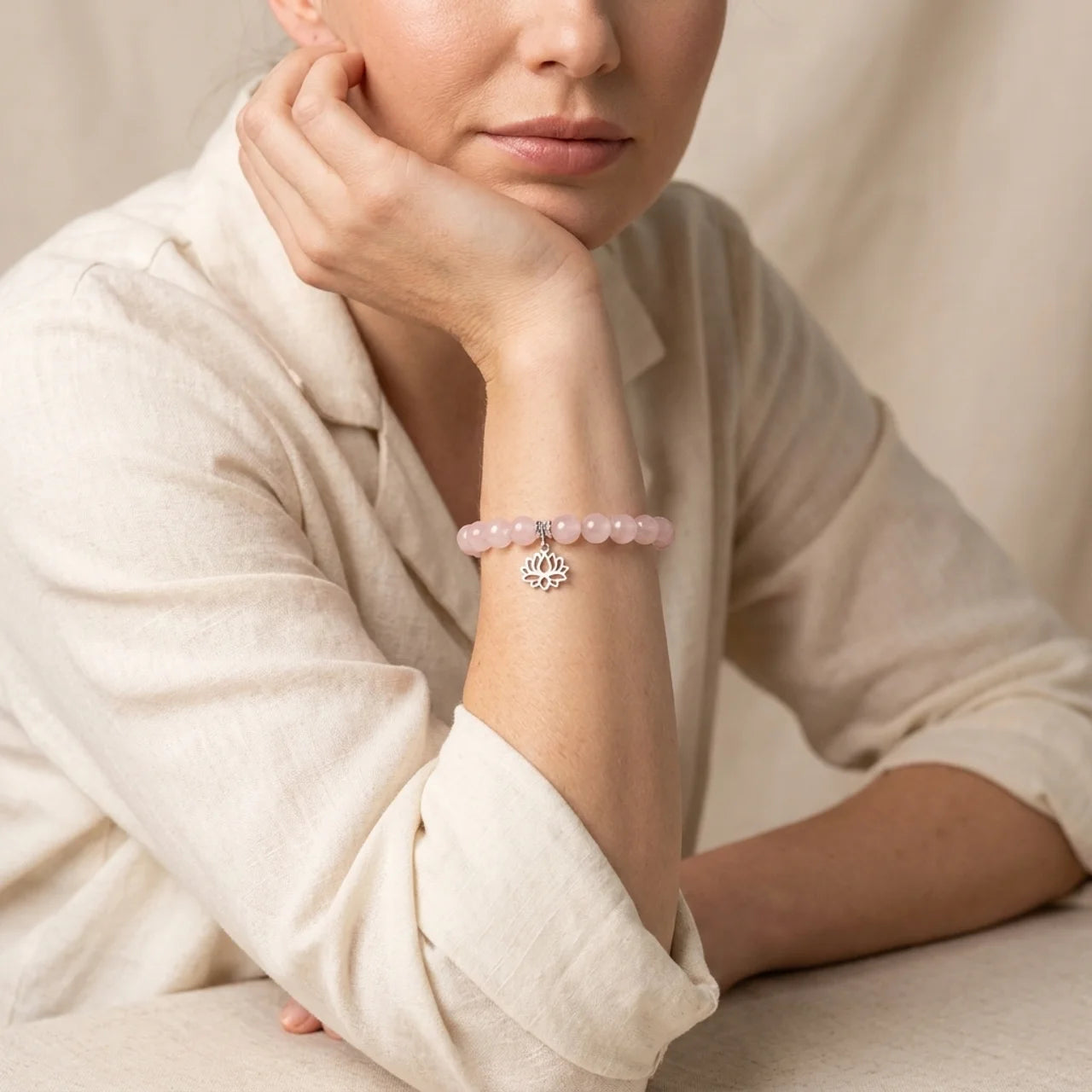 Rose Quartz Lotus Sterling Silver Bracelet