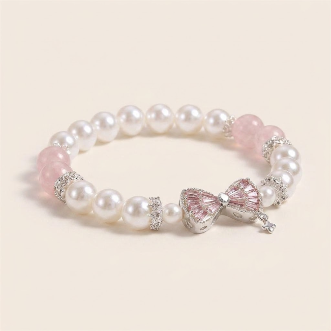 Bracelet en quartz rose et perles avec nœud