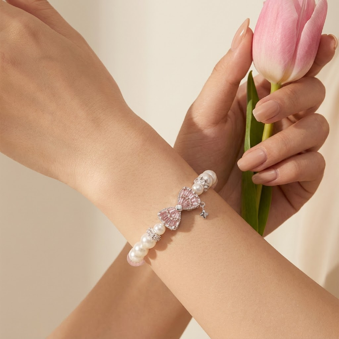 Bracelet en quartz rose et perles avec nœud
