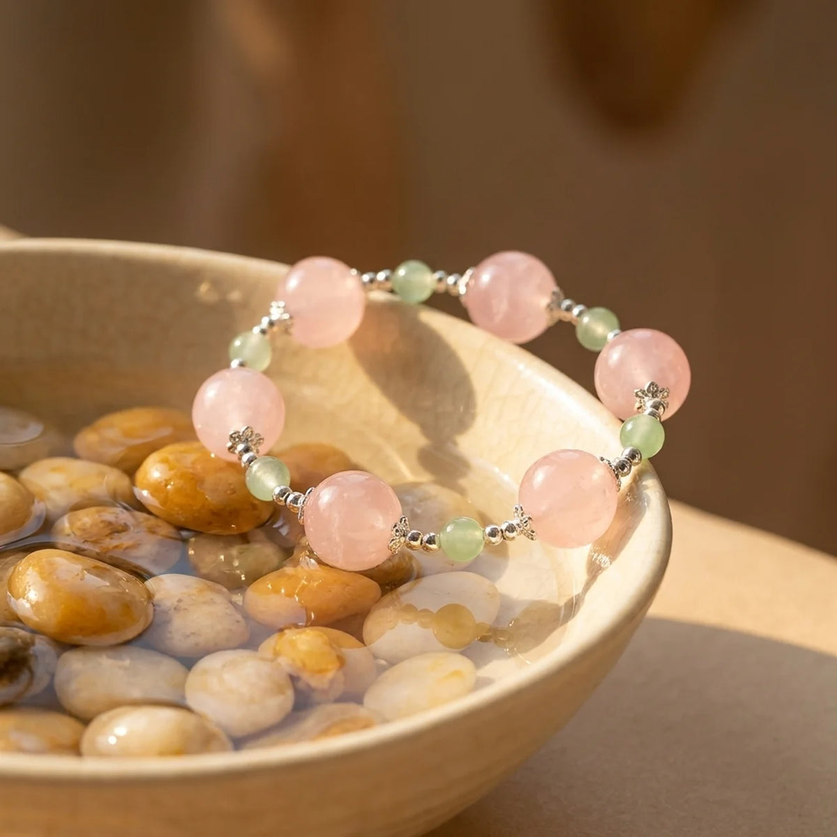 Bracelet en perles de quartz rose et de préhnite