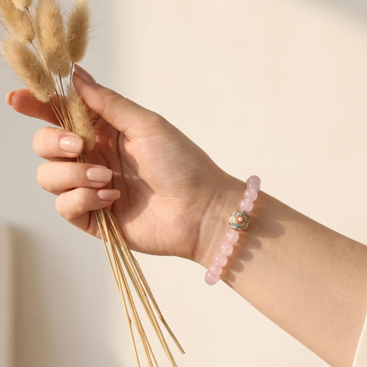 Rose Quartz Cloisonné Flower Crystal Bracelet