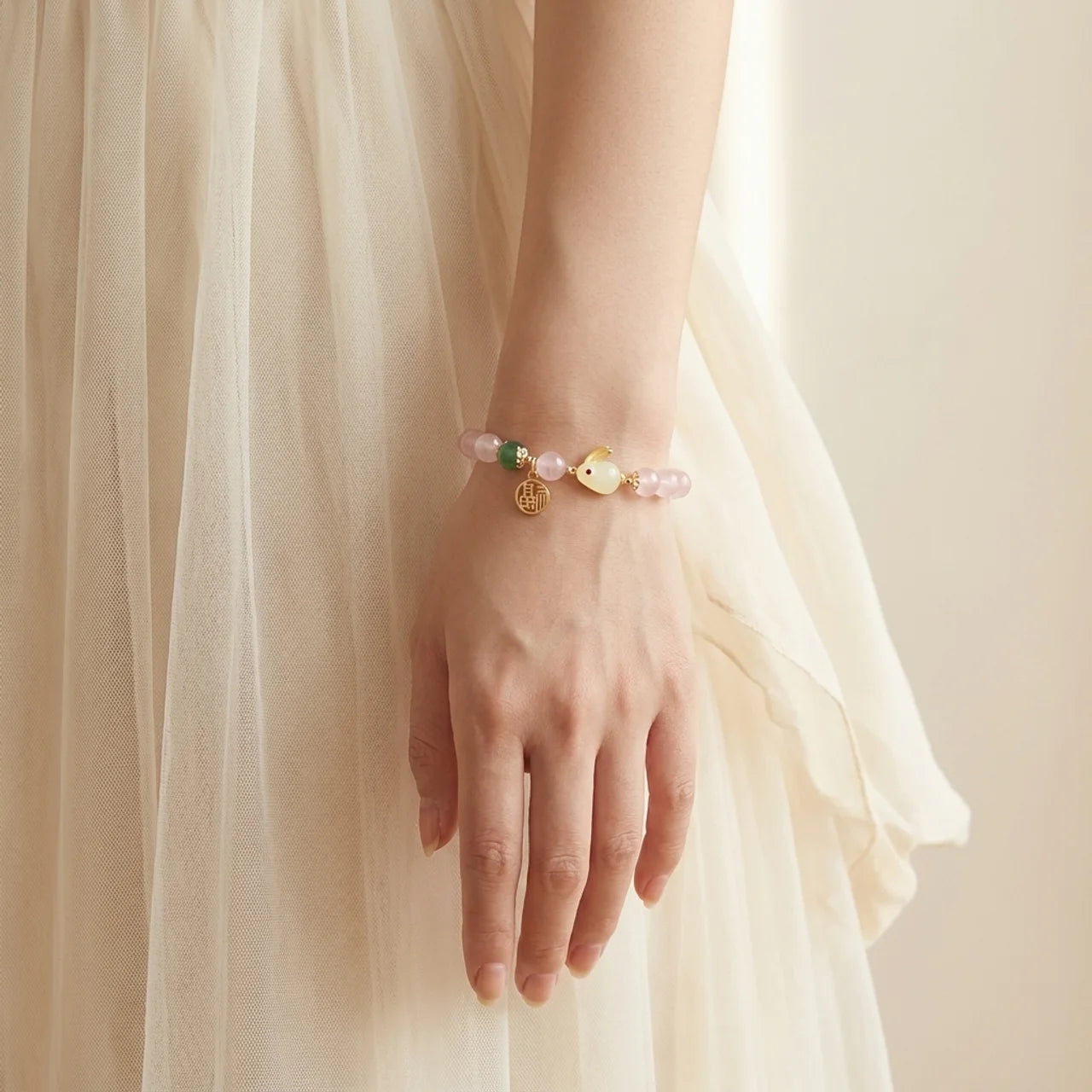 Rose Quartz Green Agate Bunny Bracelet