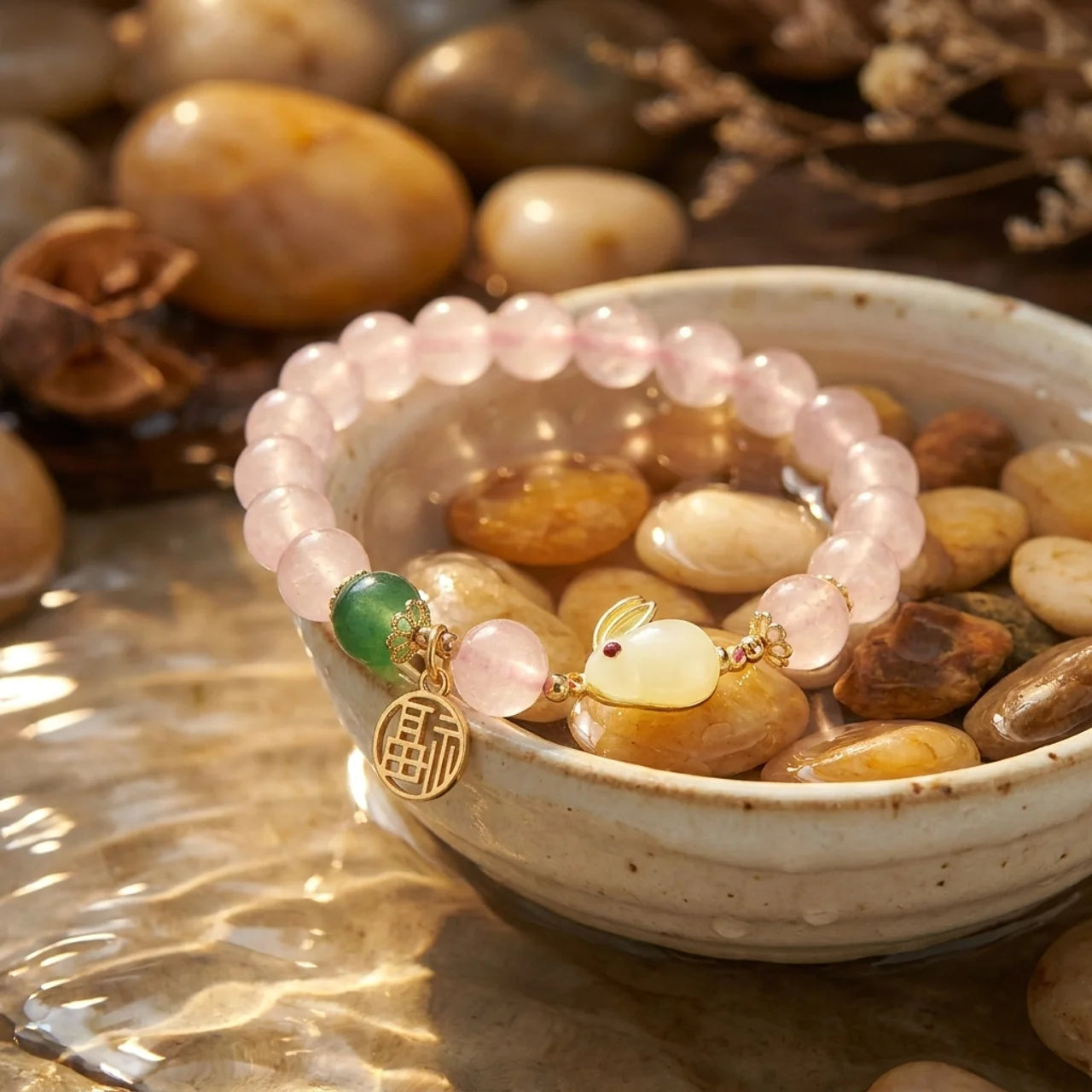 Rose Quartz Green Agate Bunny Bracelet