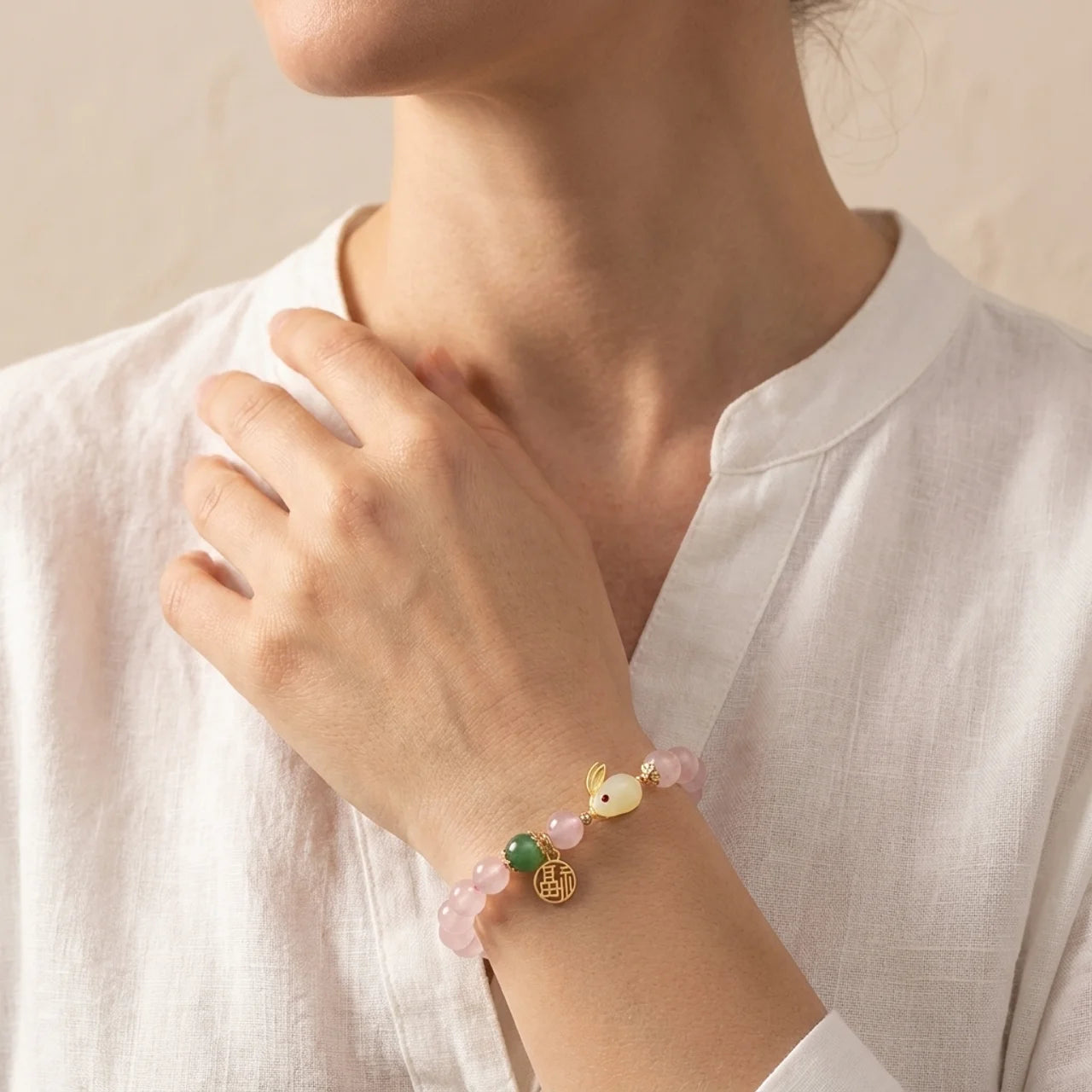 Rose Quartz Green Agate Bunny Bracelet