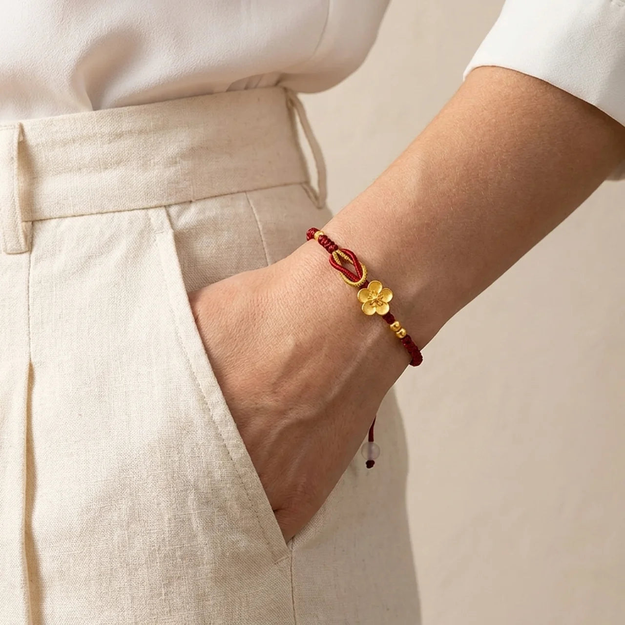 Sakura Chalcedony Silver Red String Bracelet