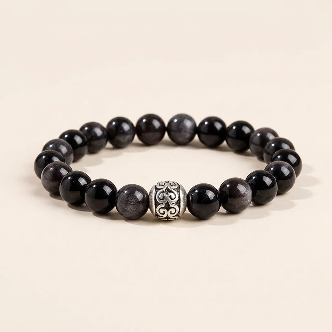 Silver Obsidian Lucky Bead Couple Bracelet