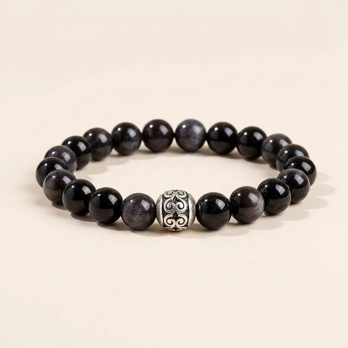 Silver Obsidian Lucky Bead Couple Bracelet
