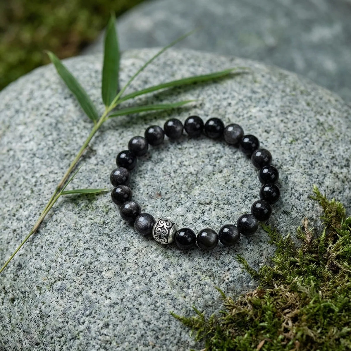 Silver Obsidian Lucky Bead Couple Bracelet
